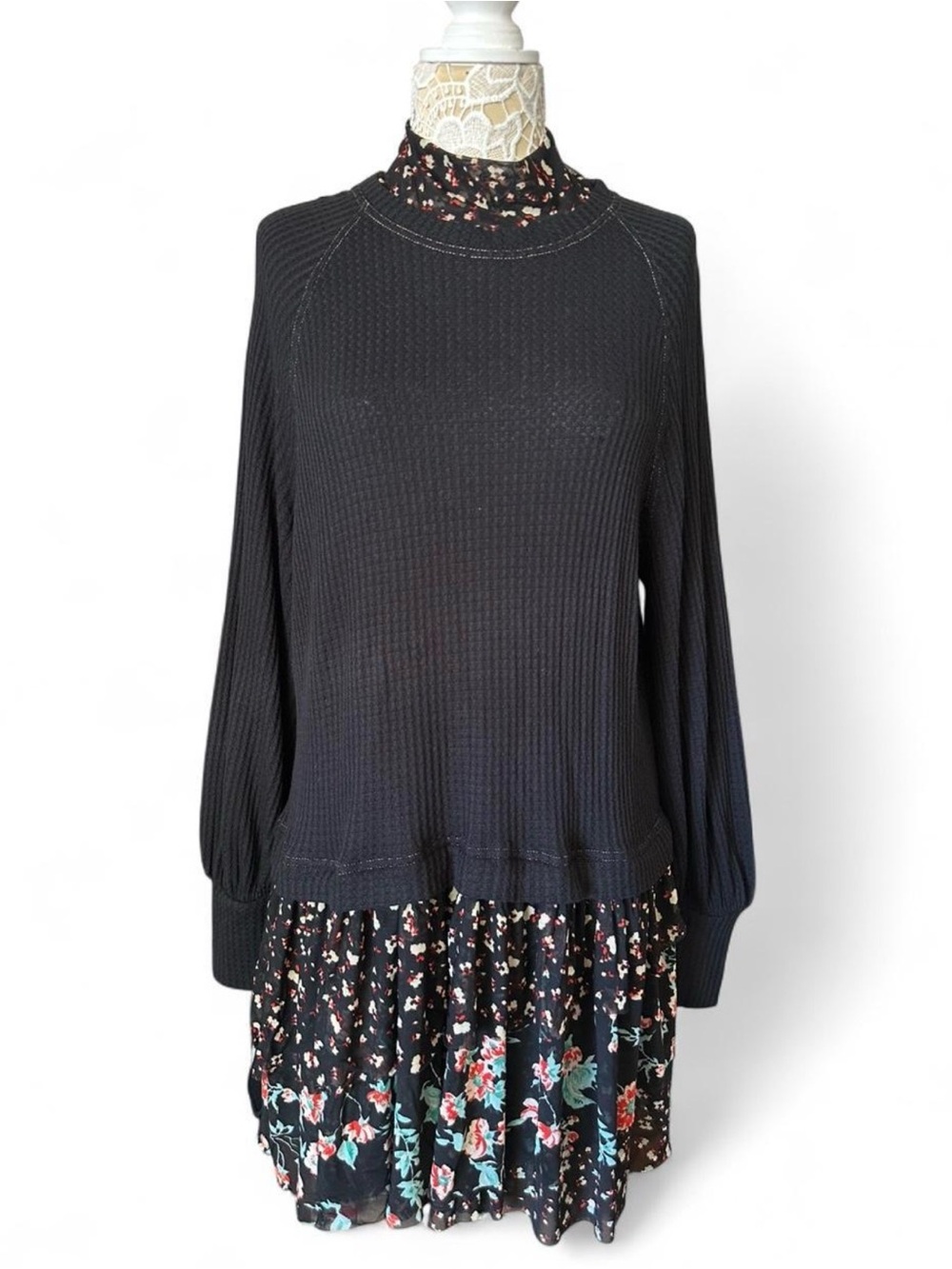 Free People Black Knit Bodice Floral Tiered Hem Long Sleeve Dress